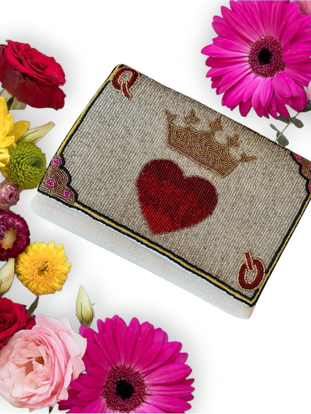 Shirdee Queen Of Hearts Beaded Sequined Crossbody Clutch - Red Heart on Silver